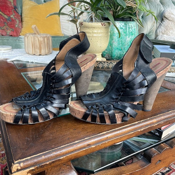 Miss Sixty black leather caged 4.5” cork cone-shaped heels, size 9, orig. $158- - Picture 6 of 6